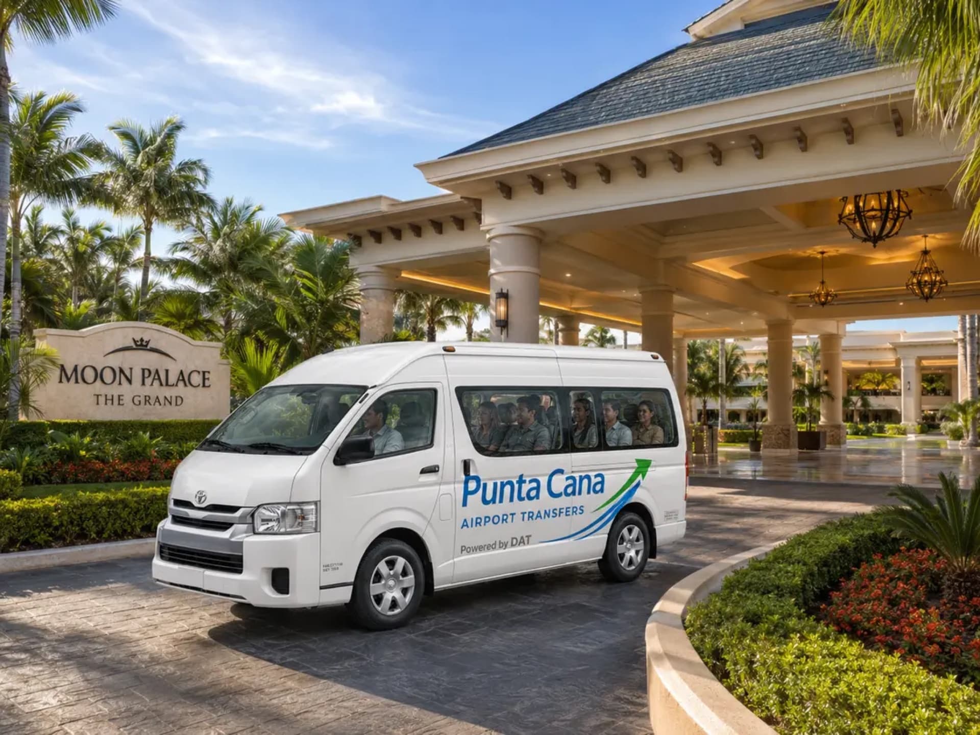 A Punta Cana Airport Transfers van at the entrance of Moon Palace The Grand resort